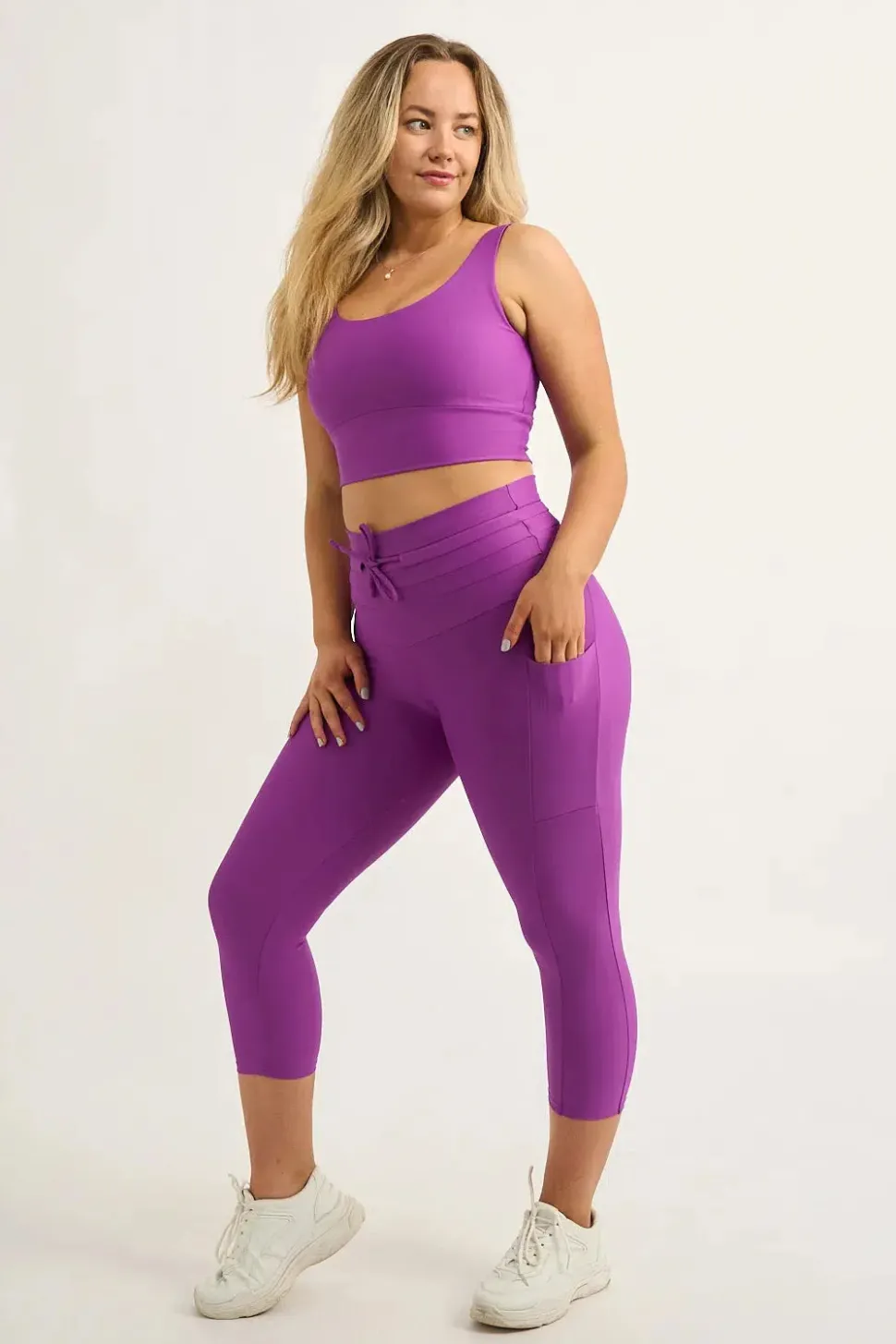Purple Performance - Panel Pocket Drawstring Capri Leggings