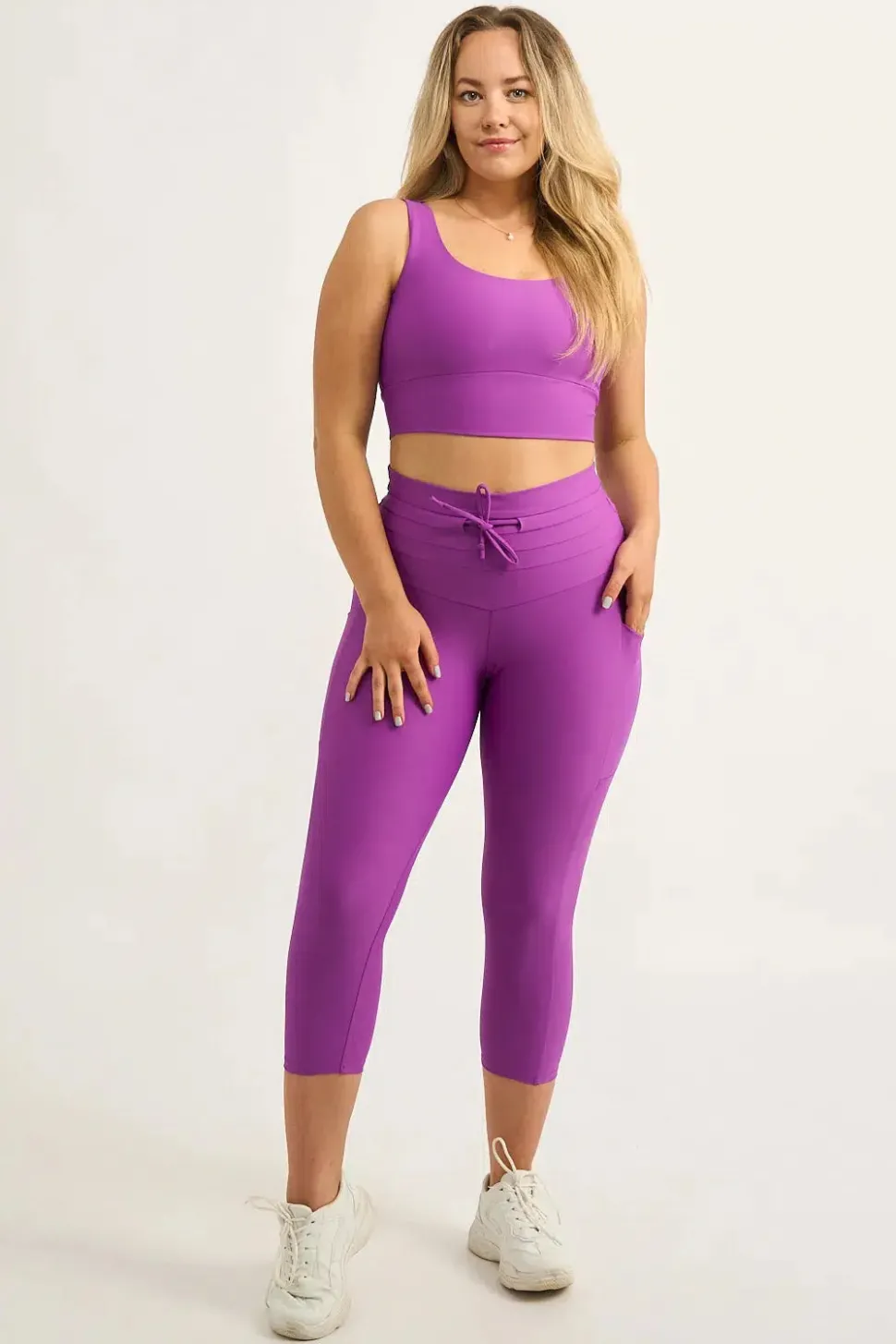Purple Performance - Panel Pocket Drawstring Capri Leggings