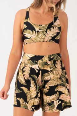 Silky Mini Palazzo Short - Black Tropical Leaf