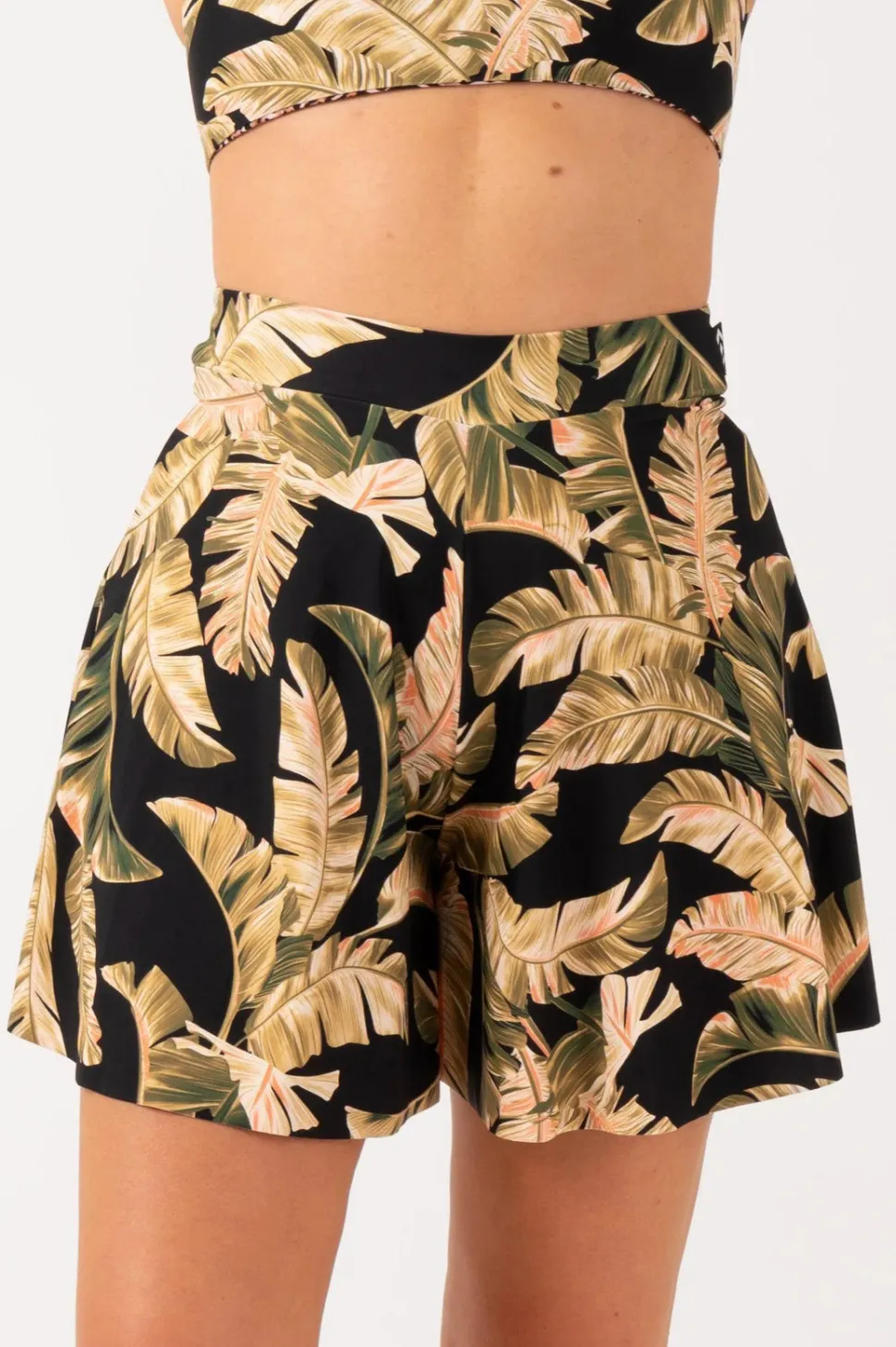 Silky Mini Palazzo Short - Black Tropical Leaf