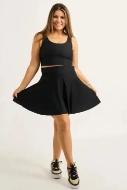 Silky Narrow Waisted Mini Skater Skirt - Black