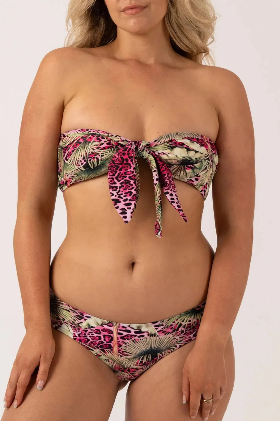 Silky Reversible Bandeau Bow Bikini Top - Pink Tropical Leopard