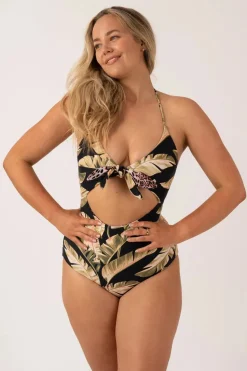 Silky Reversible Cut Out One Piece - Black Tropical Leaf