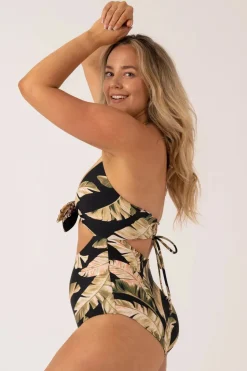Silky Reversible Cut Out One Piece - Black Tropical Leaf
