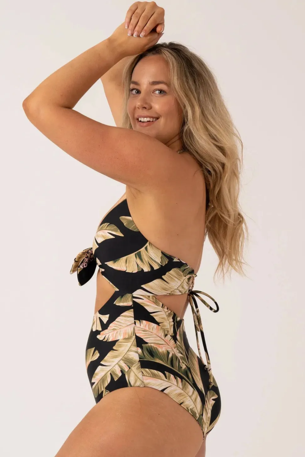 Silky Reversible Cut Out One Piece - Black Tropical Leaf