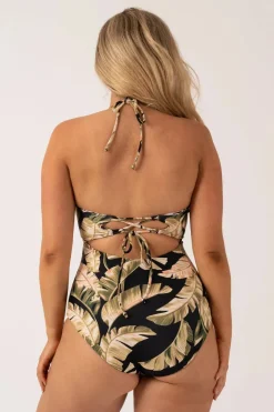 Silky Reversible Cut Out One Piece - Black Tropical Leaf