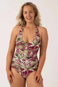Silky Reversible Deep V Low Leg One Piece - Pink Tropical Leopard