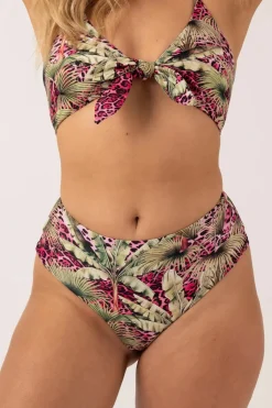 Silky Reversible High Waisted Cheeky Cut Bikini Bottom - Pink Tropical Leopard