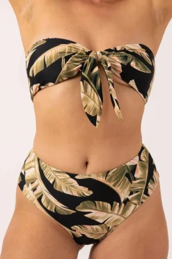 Silky Reversible High Waisted Cheeky Cut Bikini Bottom - Black Tropical Leaf