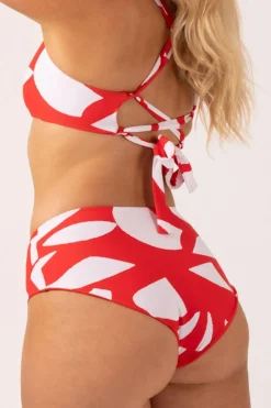 Silky Reversible High Waisted Medium Cut Bikini Bottom - Red Geo Waves