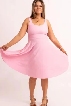 Silky Scoop Neck Comfort Crop Midi Dress W/ Pockets - Pastel Pink