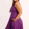 Silky Scoop Neck Comfort Crop Midi Dress W/ Pockets - Purple