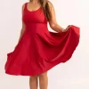Silky Scoop Neck Comfort Crop Midi Dress W/ Pockets - Red