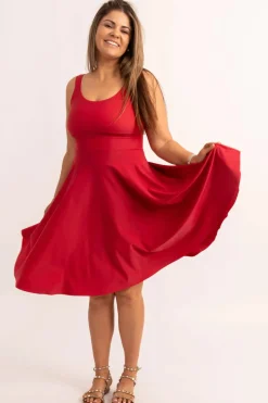 Silky Scoop Neck Comfort Crop Midi Dress W/ Pockets - Red