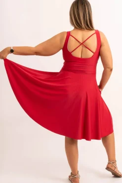 Silky Scoop Neck Comfort Crop Midi Dress W/ Pockets - Red