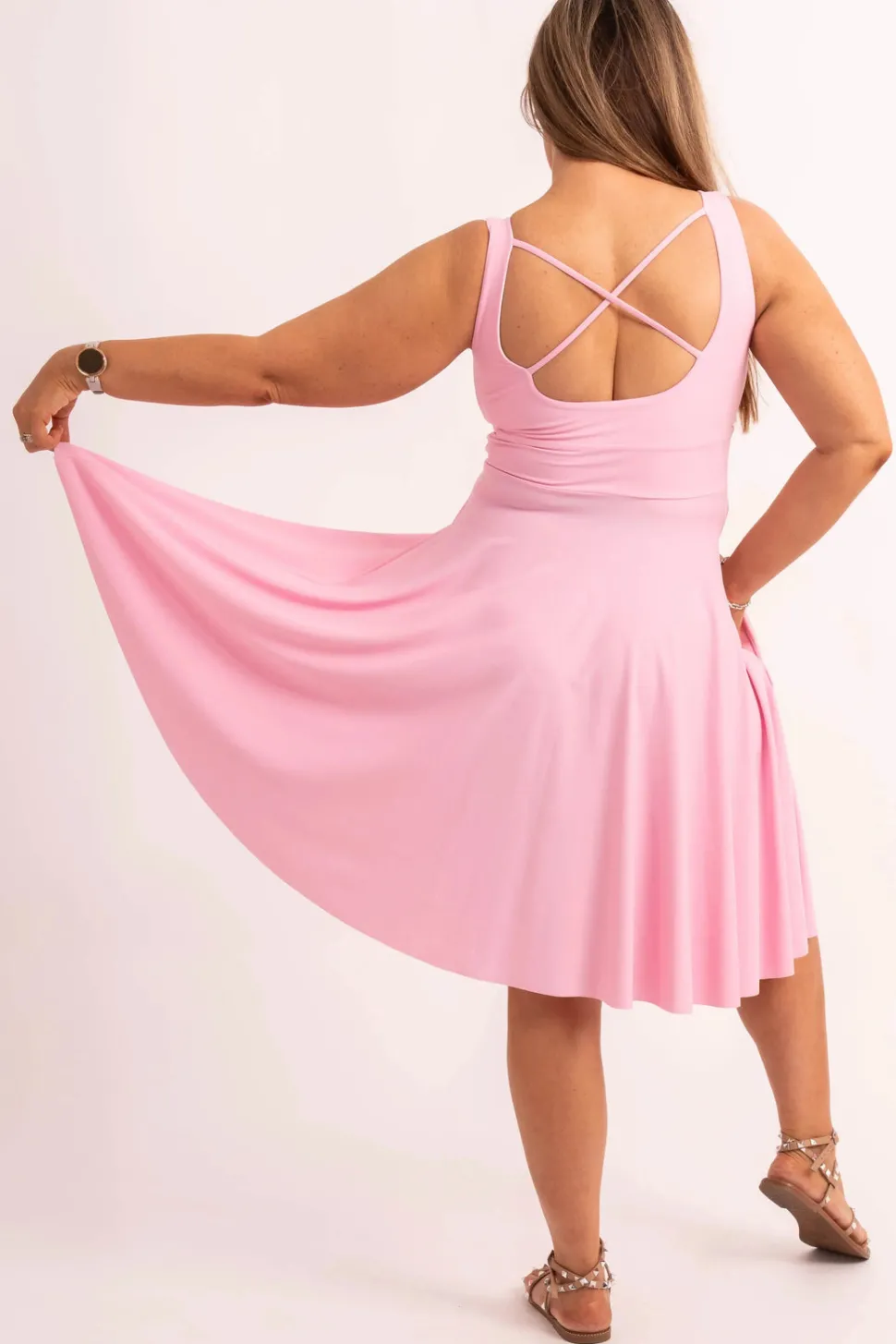 Silky Scoop Neck Comfort Crop Midi Dress W/ Pockets - Pastel Pink