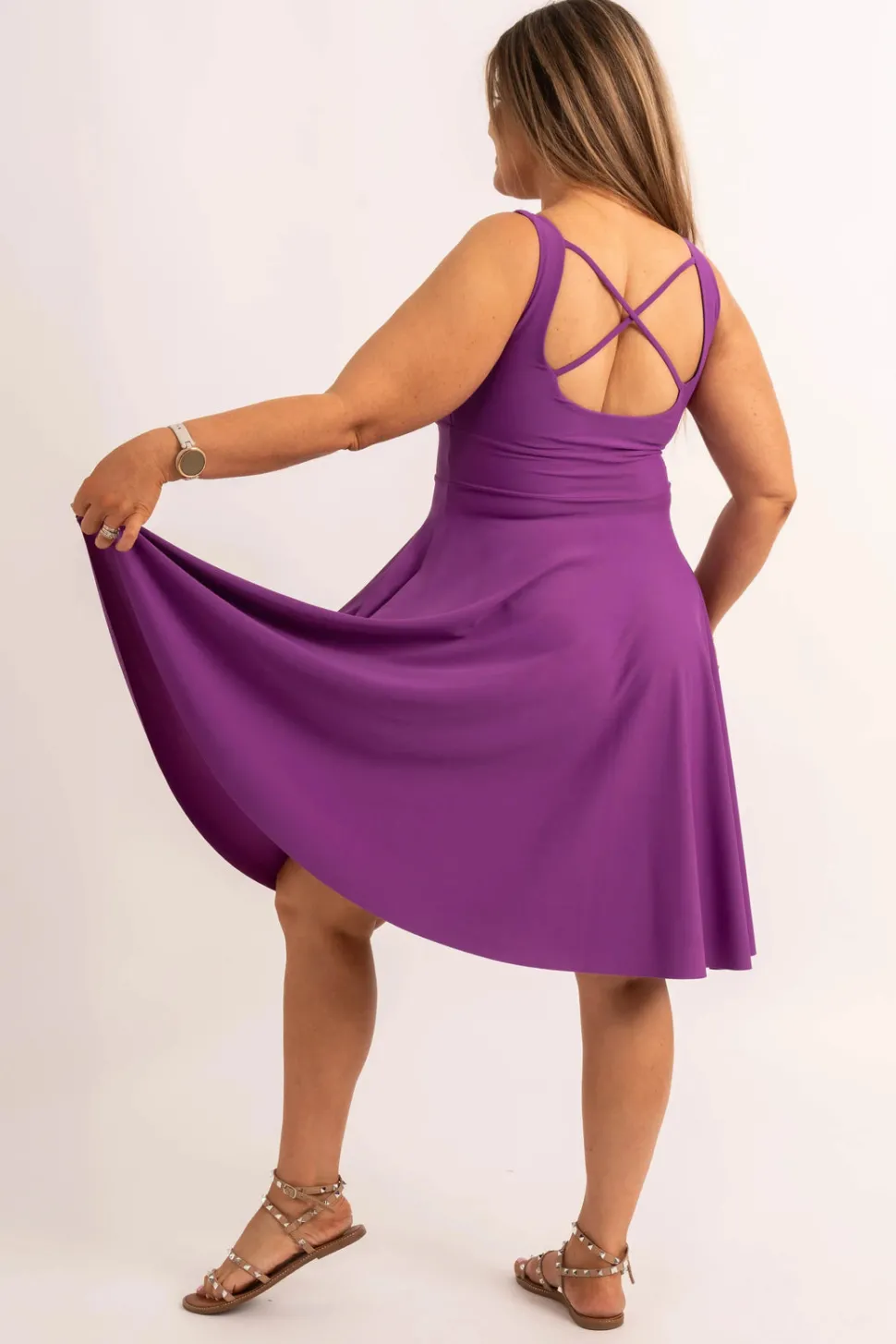 Silky Scoop Neck Comfort Crop Midi Dress W/ Pockets - Purple