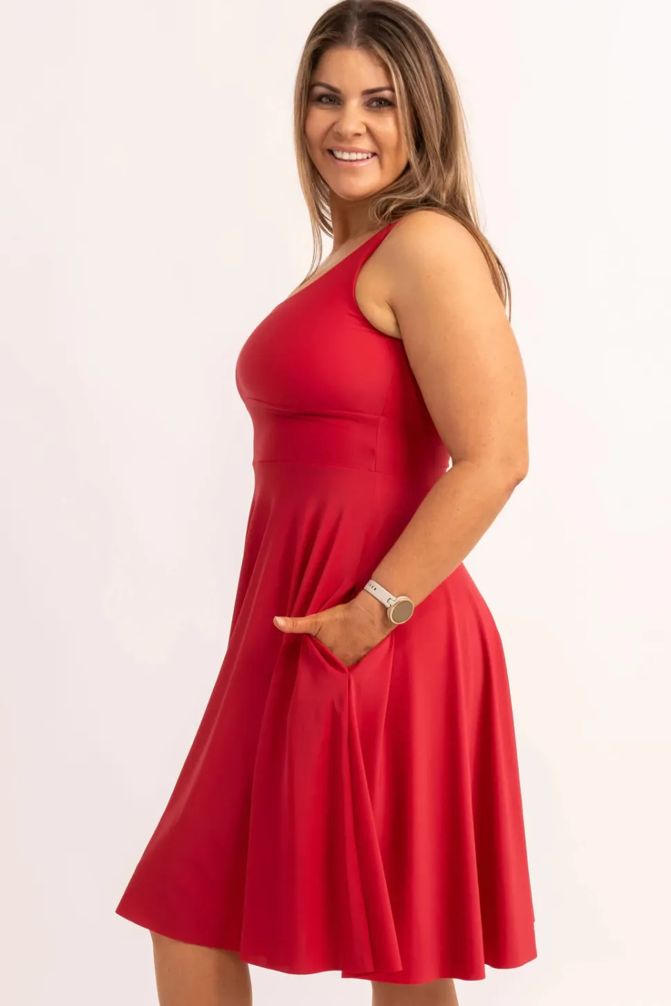 Silky Scoop Neck Comfort Crop Midi Dress W/ Pockets - Red