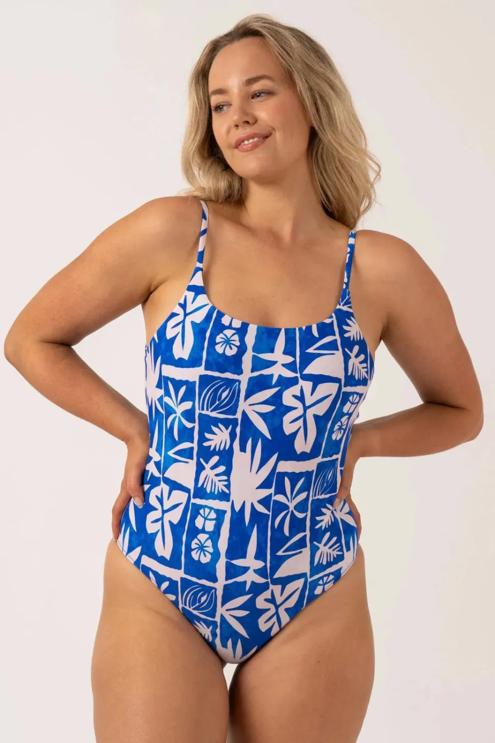 Silky Scoop Neck High Leg One Piece - Blue Tiki