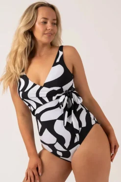 Silky Wrap Over Low Leg One Piece - Black Geo Waves