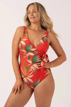 Silky Wrap Over Low Leg One Piece - Flame Tropico