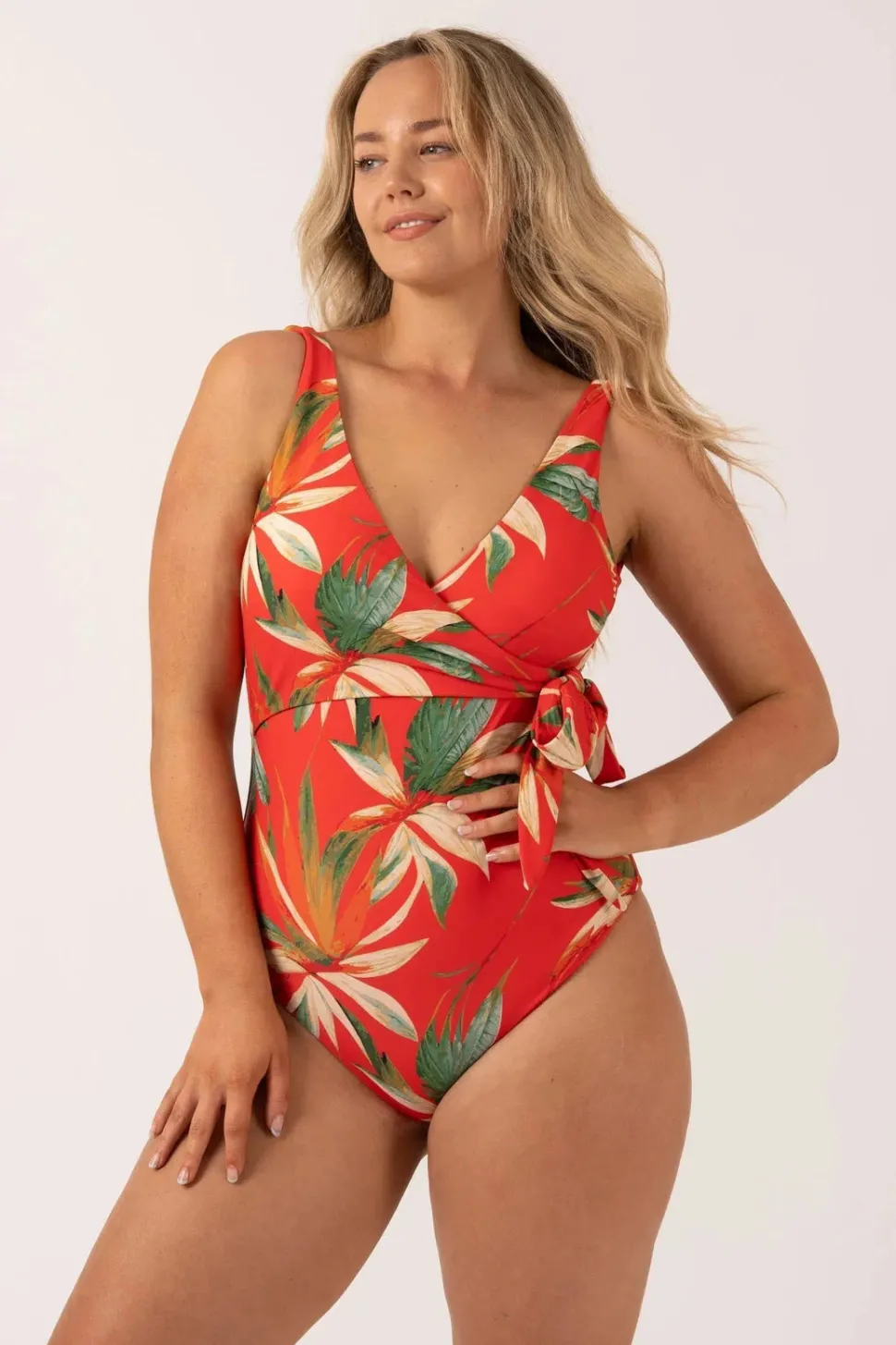 Silky Wrap Over Low Leg One Piece - Flame Tropico