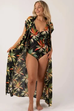 Silky Wrap Over Low Leg One Piece - Black Tropico