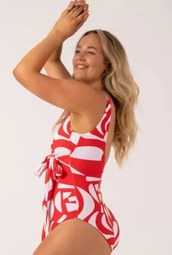 Silky Wrap Over Low Leg One Piece - Red Geo Waves