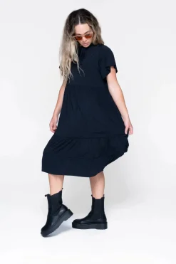 Slinky Silky Boss Bish Tiered Midi Dress - Black