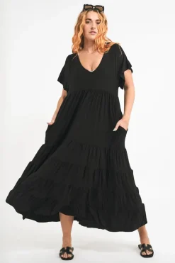 Slinky To Touch Baby Doll Tiered V Neck Maxi Dress - Black