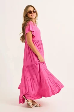 Slinky To Touch Baby Doll Tiered Maxi Dress - Candy Pink