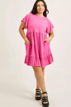 Slinky To Touch Baby Doll Tiered Mini Dress - Candy Pink