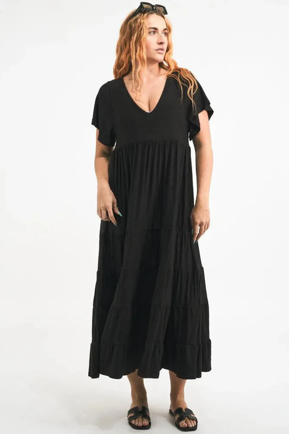 Slinky To Touch Baby Doll Tiered V Neck Maxi Dress - Black
