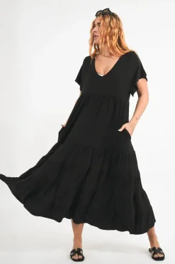 Slinky To Touch Baby Doll Tiered V Neck Maxi Dress - Black