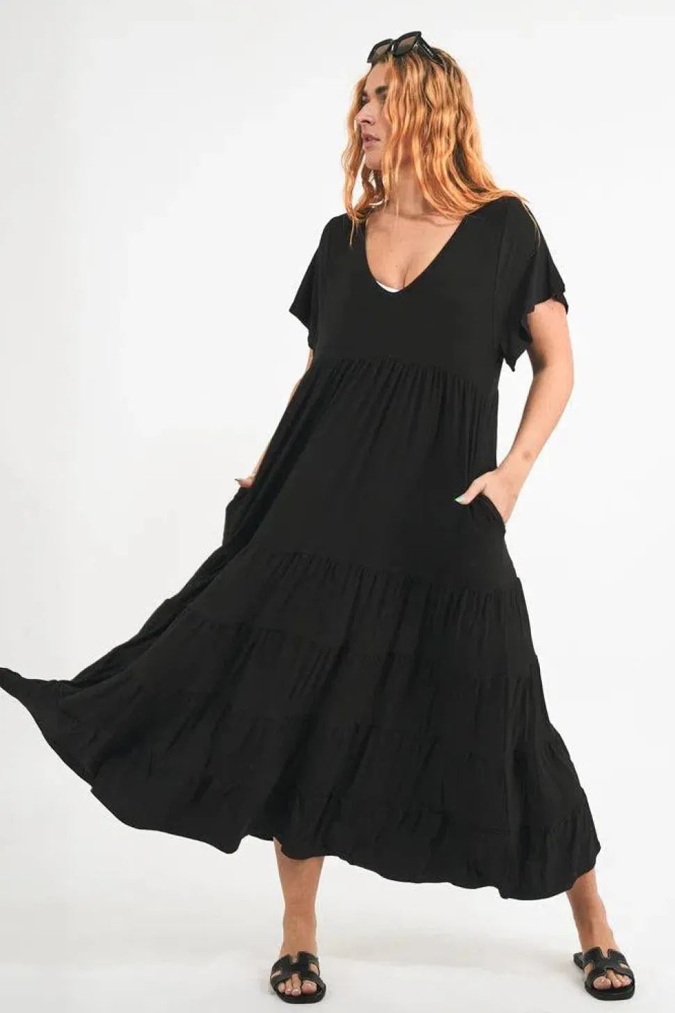 Slinky To Touch Baby Doll Tiered V Neck Maxi Dress - Black