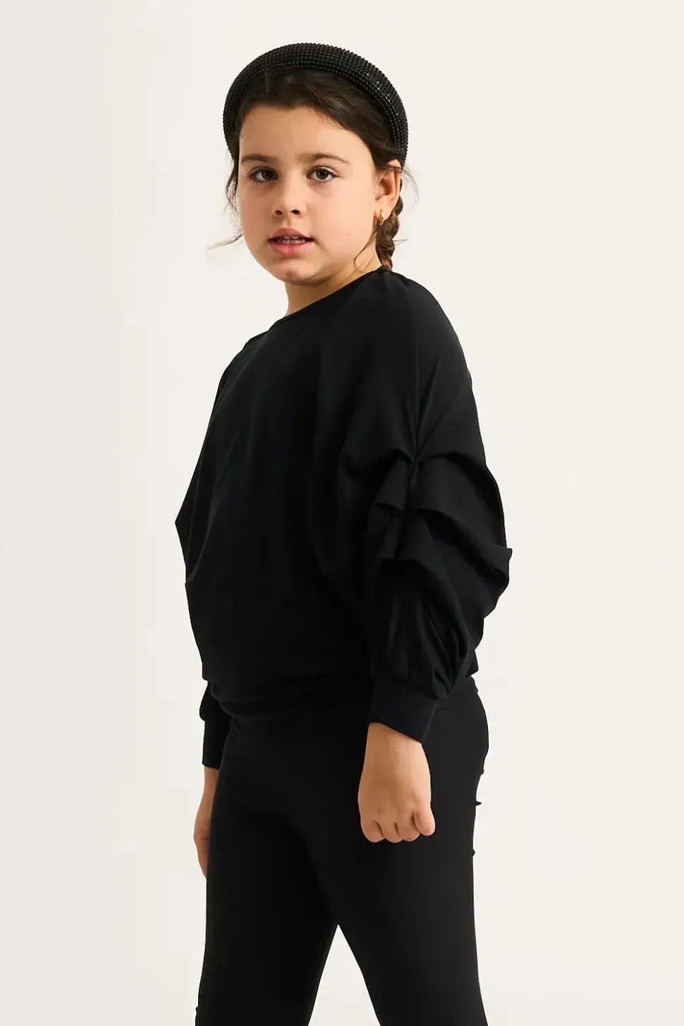 Soft To Touch Kids Batwing Cinched Sleeve Sweater - Black
