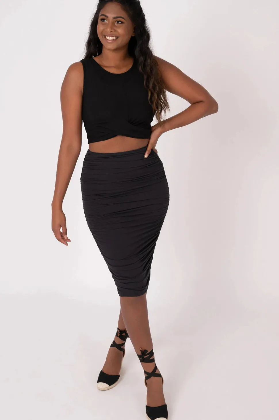 Soft To Touch Ruched Midi Skirt - Black