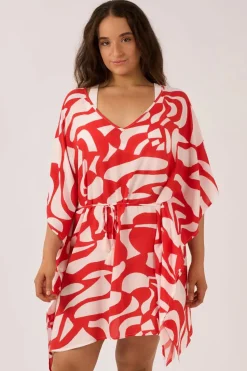 Sustainable Viscose Adjustable Tie Waist Kaftan - Red Geo Waves