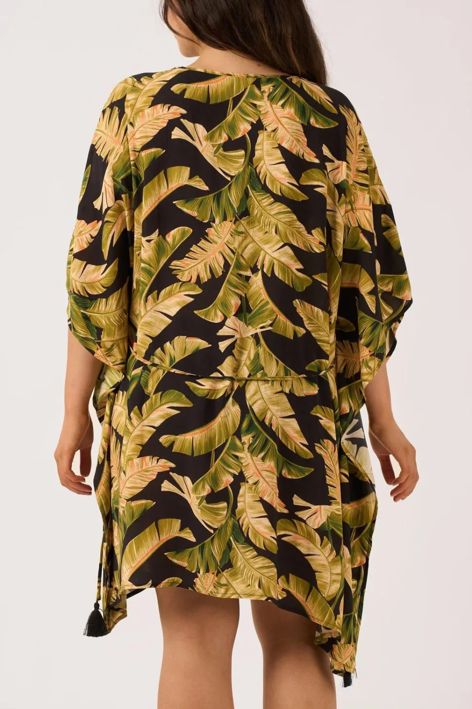 Sustainable Viscose Adjustable Tie Waist Kaftan - Black Tropical Leaf