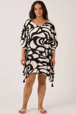 Sustainable Viscose Adjustable Tie Waist Kaftan - Black Geo Waves