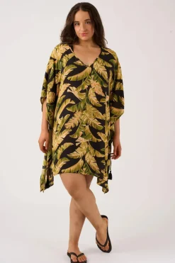 Sustainable Viscose Adjustable Tie Waist Kaftan - Black Tropical Leaf
