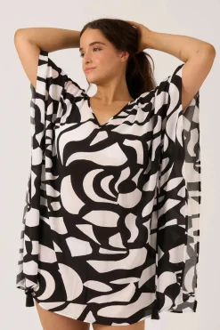 Sustainable Viscose Adjustable Tie Waist Kaftan - Black Geo Waves