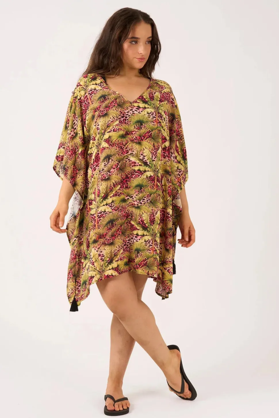 Sustainable Viscose Adjustable Tie Waist Kaftan - Pink Tropical Leopard