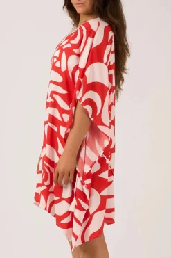 Sustainable Viscose Adjustable Tie Waist Kaftan - Red Geo Waves