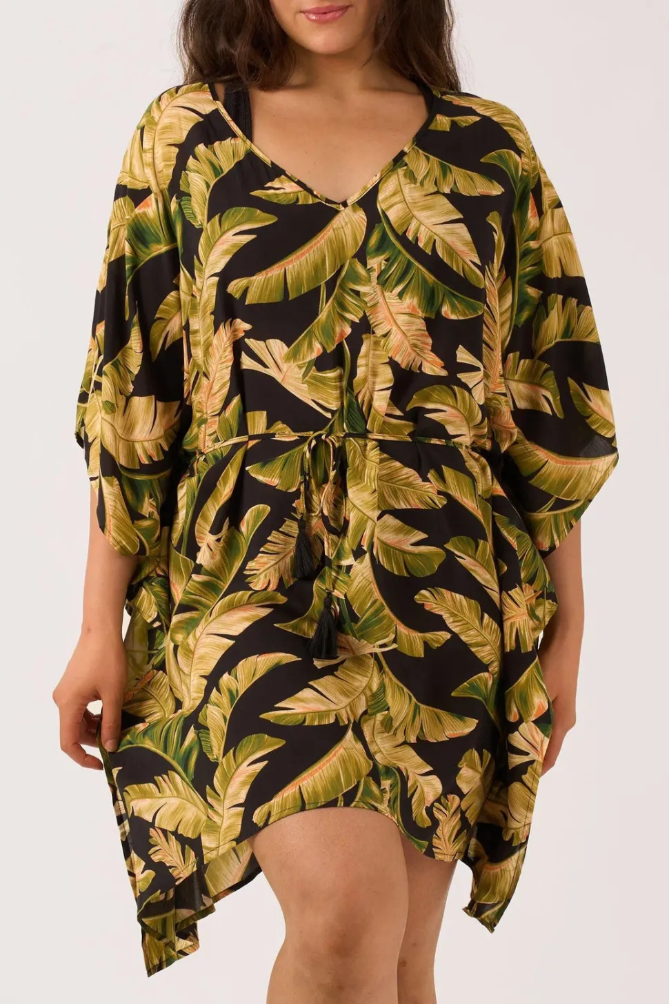Sustainable Viscose Adjustable Tie Waist Kaftan - Black Tropical Leaf