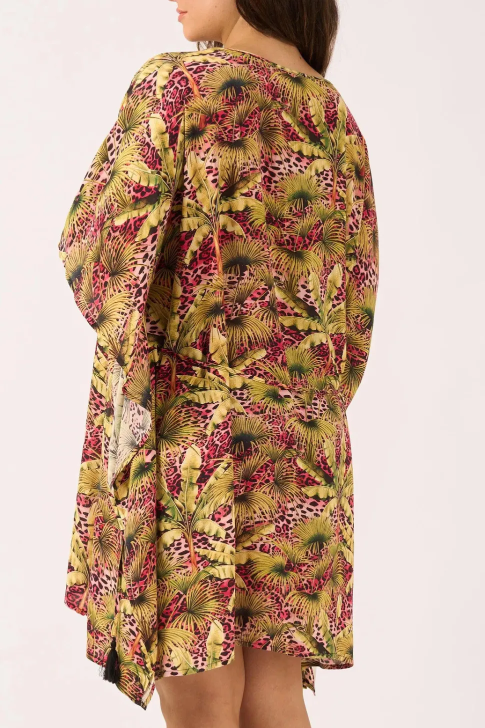 Sustainable Viscose Adjustable Tie Waist Kaftan - Pink Tropical Leopard