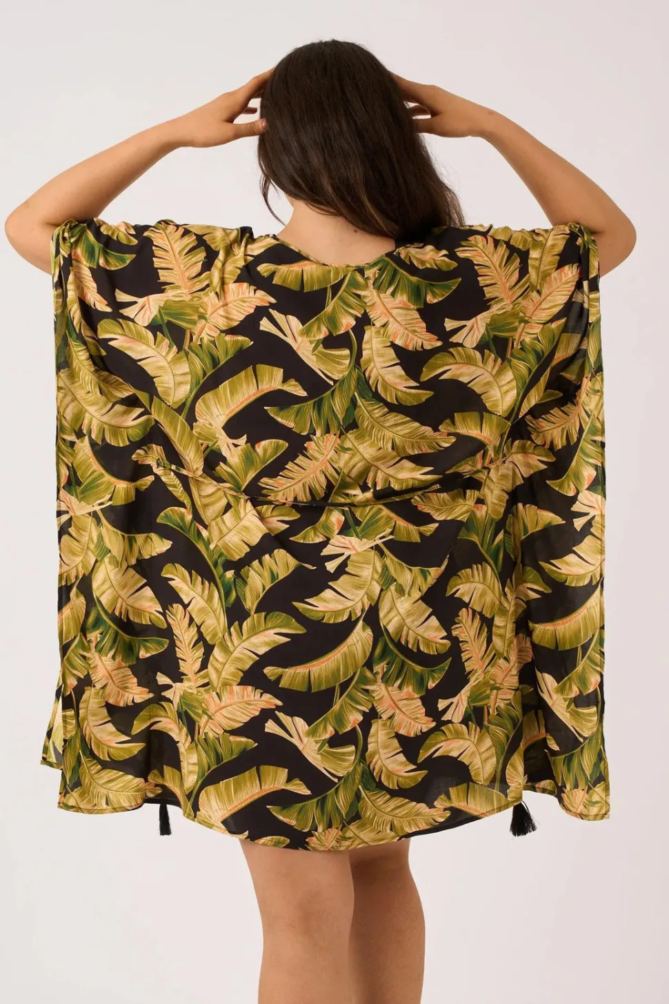 Sustainable Viscose Adjustable Tie Waist Kaftan - Black Tropical Leaf