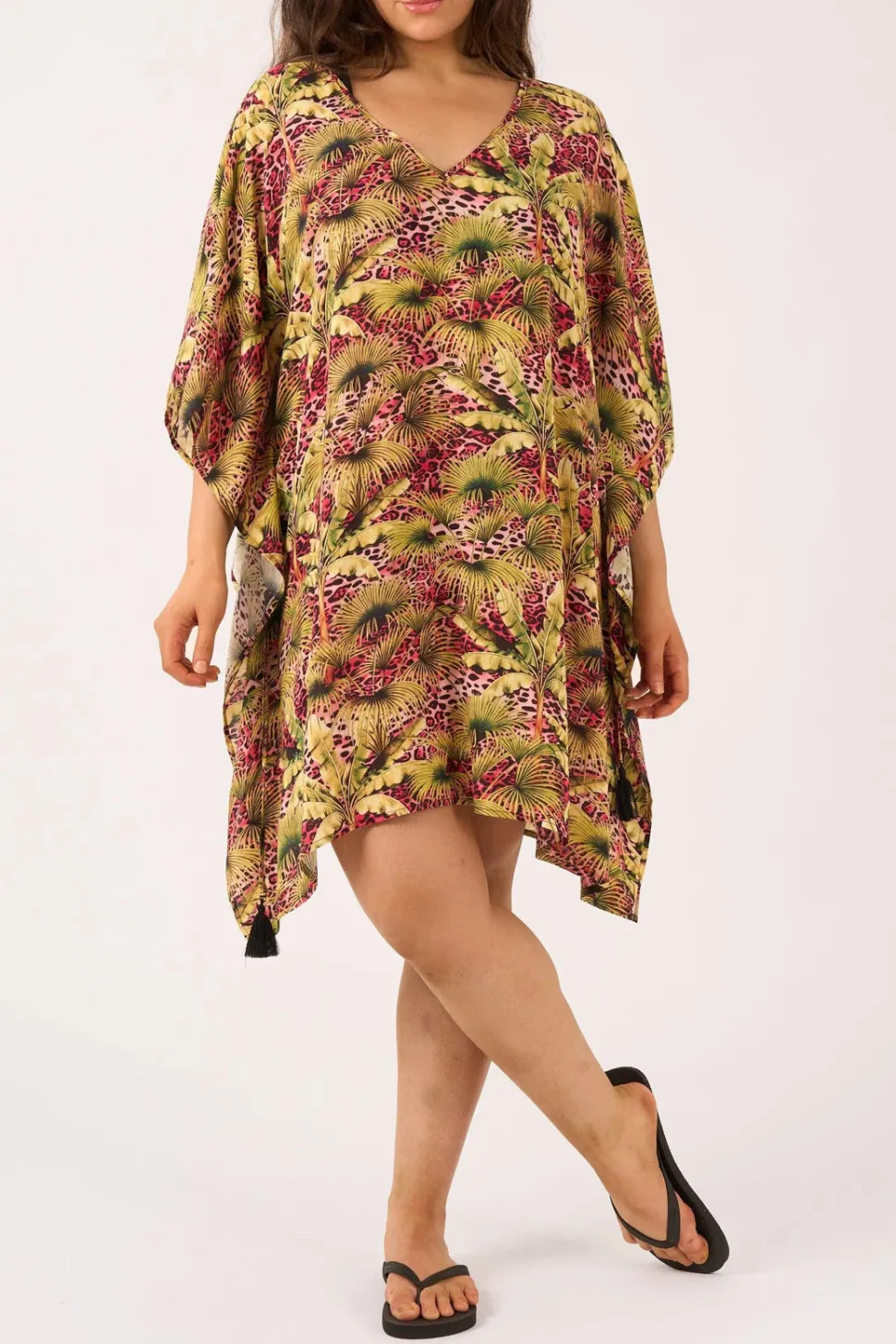 Sustainable Viscose Adjustable Tie Waist Kaftan - Pink Tropical Leopard
