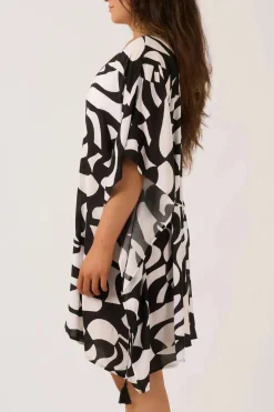 Sustainable Viscose Adjustable Tie Waist Kaftan - Black Geo Waves