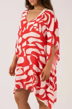 Sustainable Viscose Adjustable Tie Waist Kaftan - Red Geo Waves